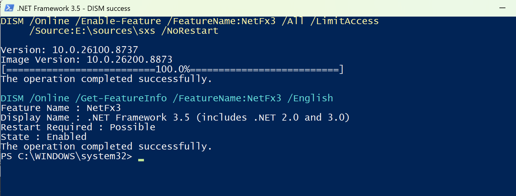 Успешное включение NetFx3 из официального ISO и контрольное состояние Enabled