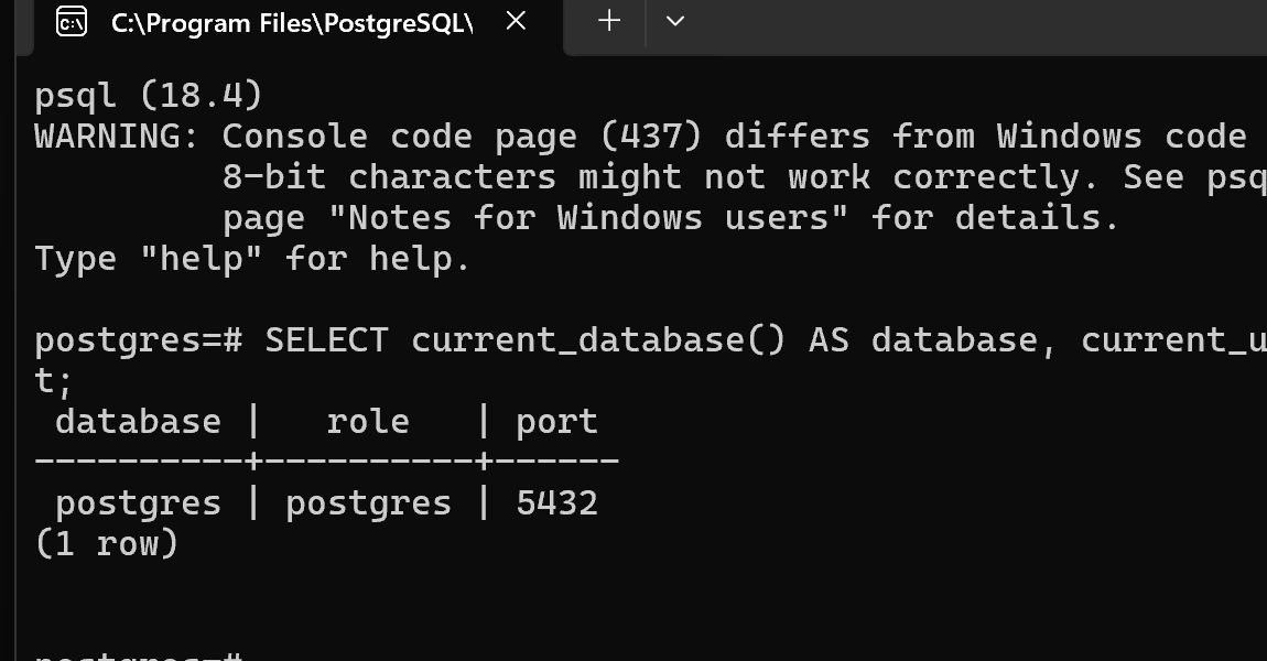 Подключение к PostgreSQL 18.4 через psql и ответ локального сервера